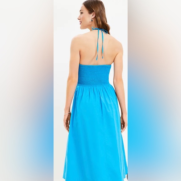 NWOT LOFT Keyhole Halter MIDI Dress Size 2P Ocean Bay Blue - Picture 2 of 6